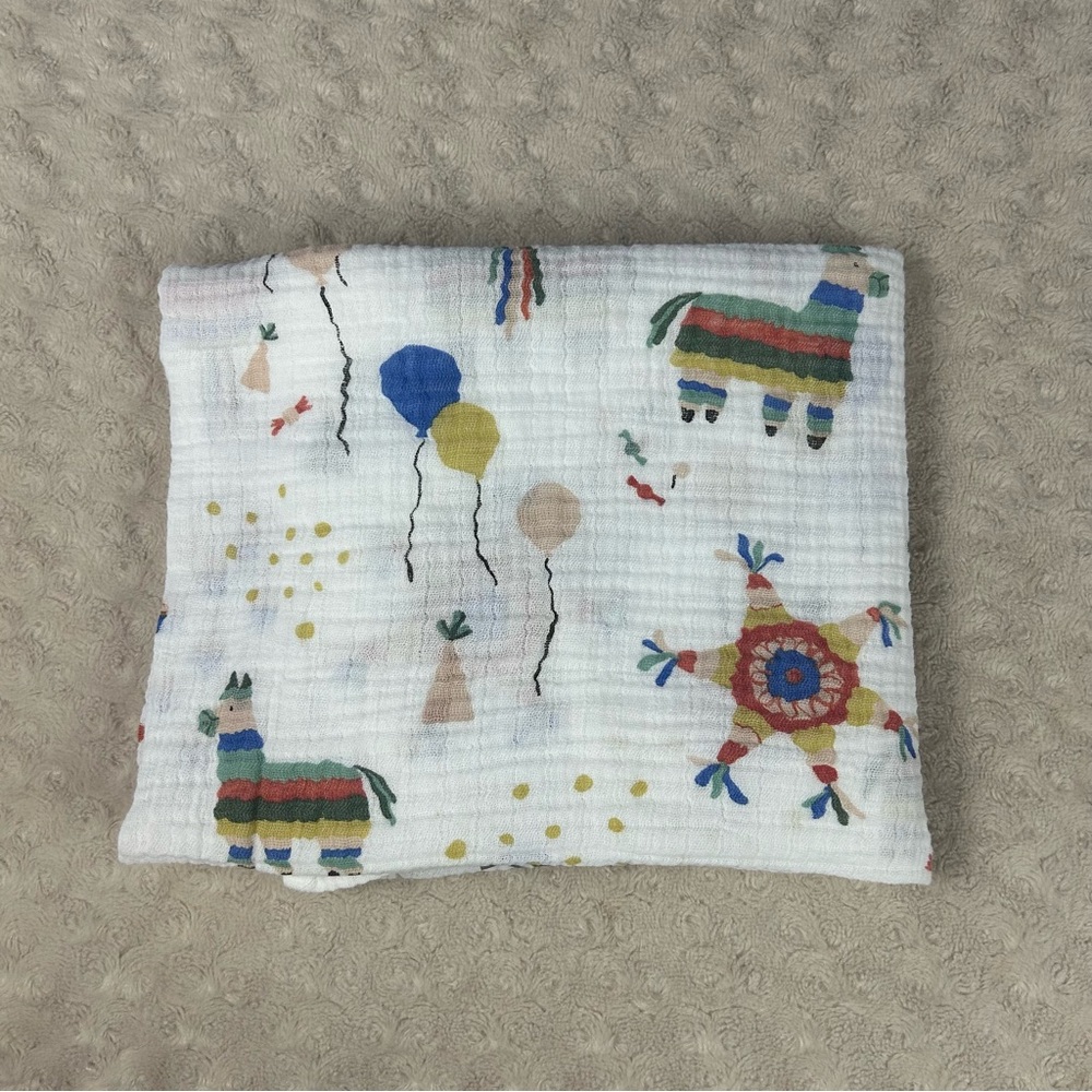 Red Rover Party Time Pinata Baby Swaddle Blanket Muslin Balloons Llama Birthday